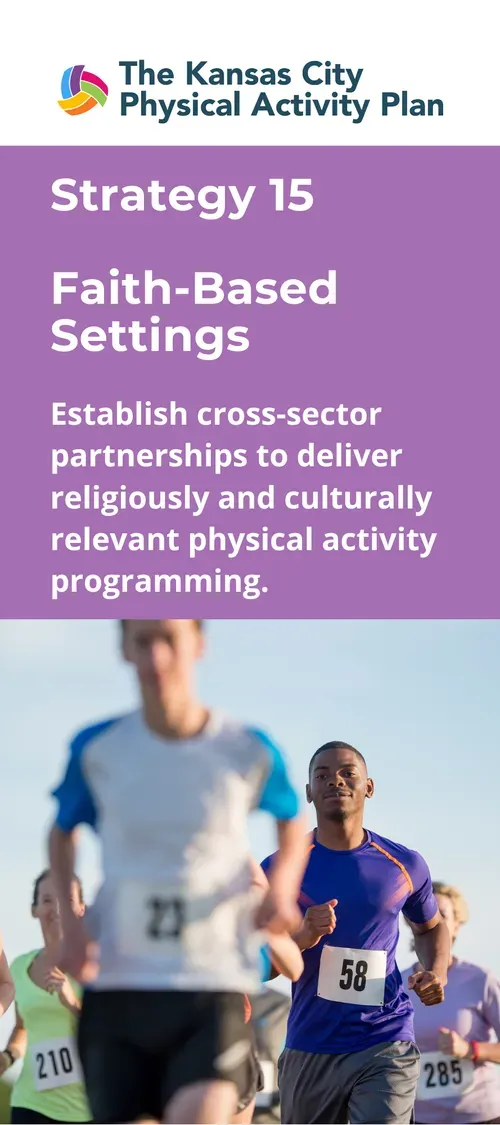 A poster about the Kansas City Physical Activity Plan featuring runners, with text about partnerships in faith-based settings.