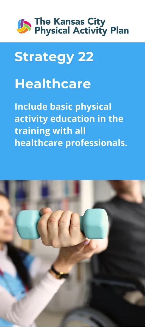 A teal dumbbell being held by a healthcare worker, part of The Kansas City Physical Activity Plan.