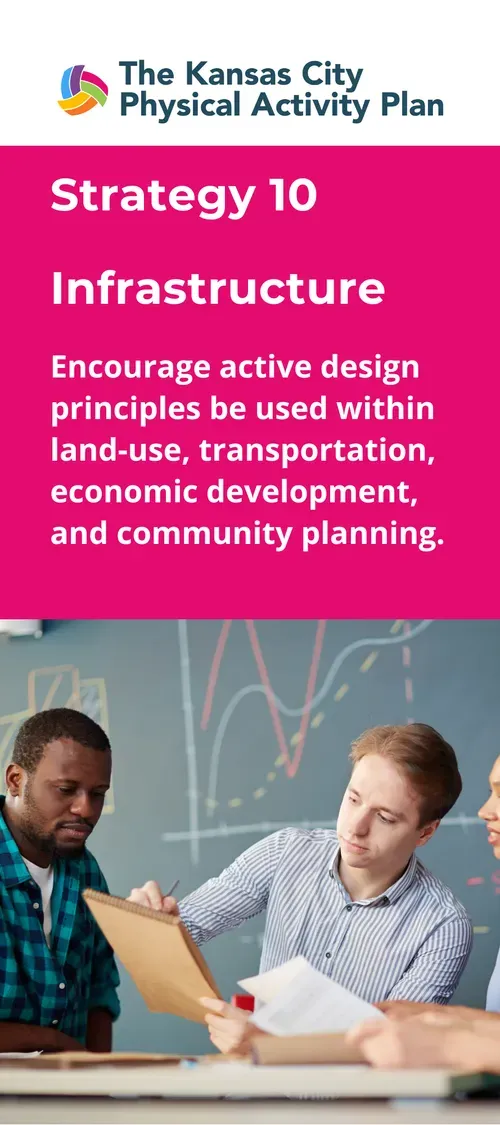 Image of a pink banner with text about infrastructure and a group of people in a meeting.