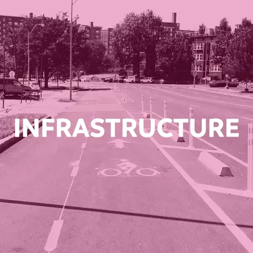 Pink overlayed image of a city street with a bike lane. The word 