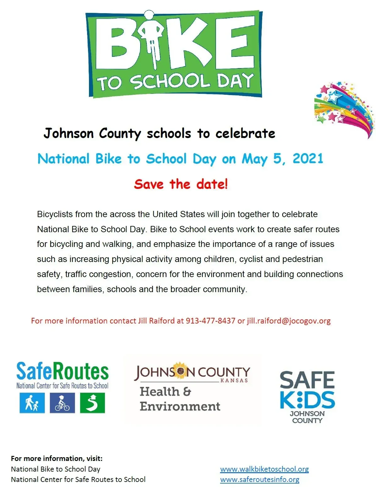 Poster for National Bike to School Day on May 5, 2021, organized by Johnson County schools with logos.