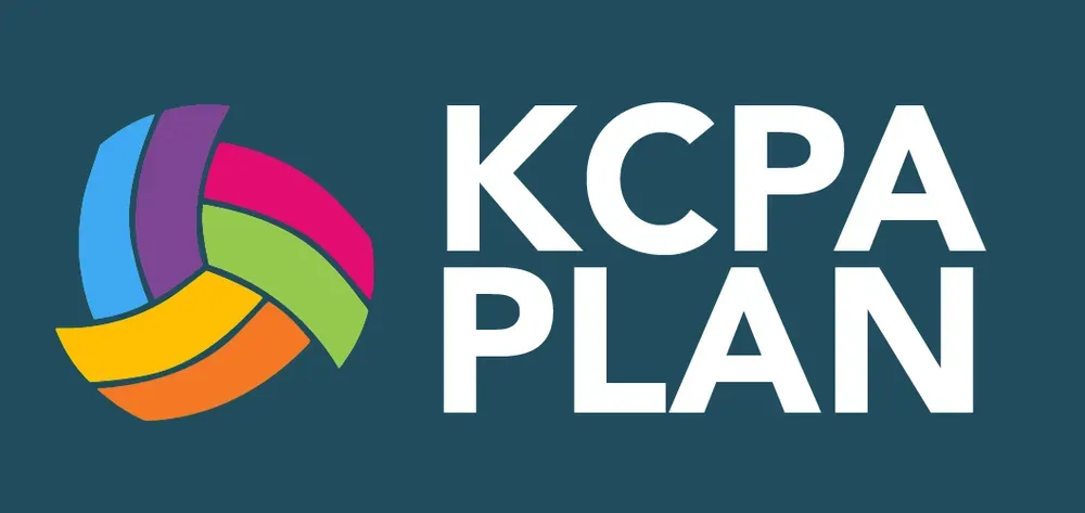 Logo for KCPA Plan, featuring a colorful swirling shape and white text on a teal background.