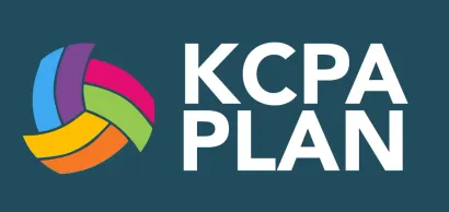Logo for KCPA Plan, featuring a colorful swirling shape and white text on a teal background.