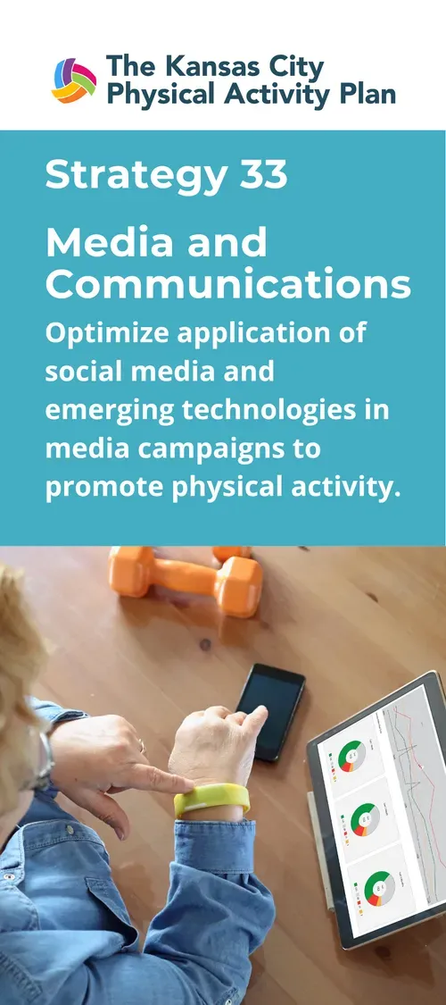 Person pointing to fitness tracker, tablet showing data, orange dumbbell, black phone. Strategy 33 Media and Communications.