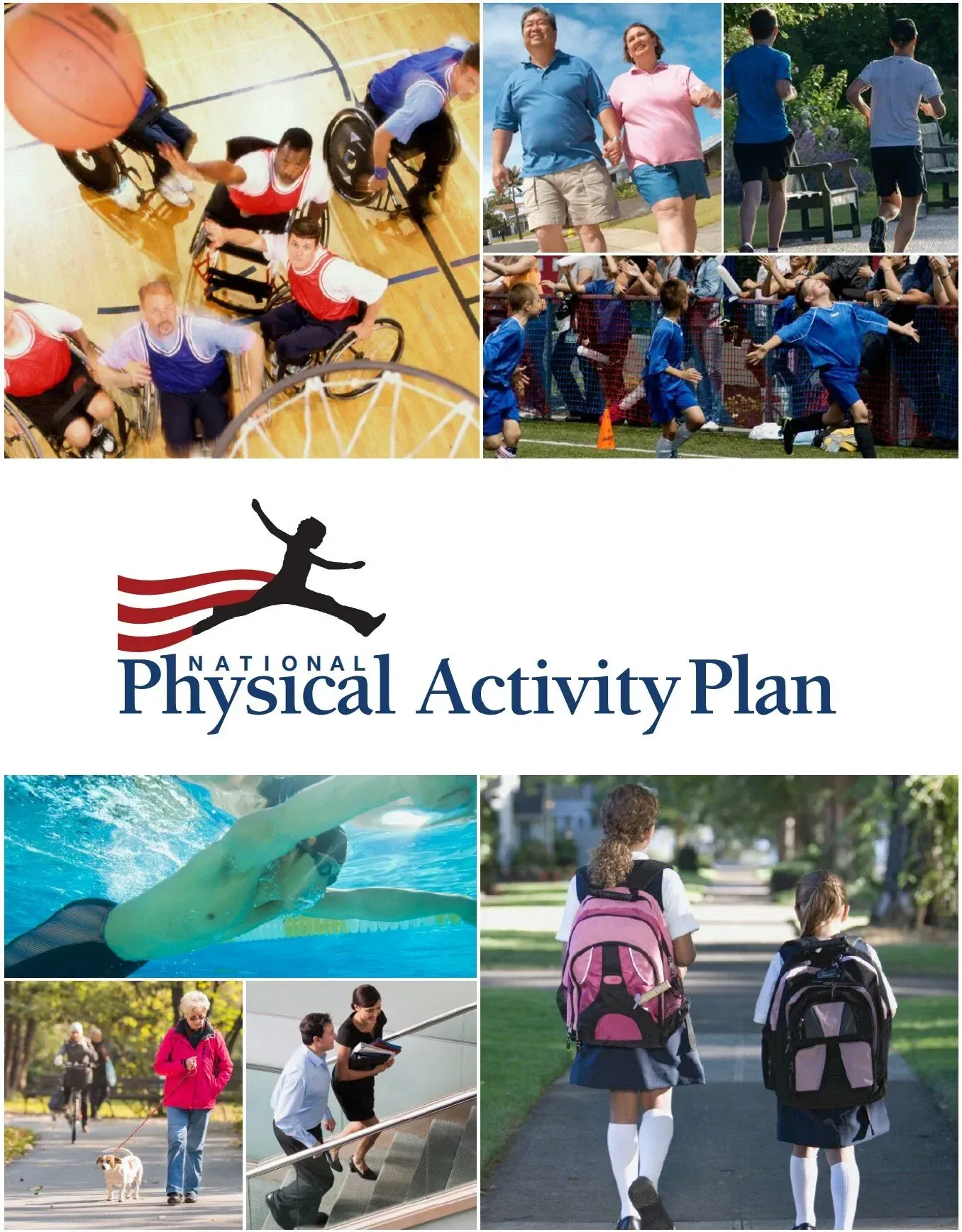 People engaged in various physical activities; sports, walking, swimming. Logo: National Physical Activity Plan.