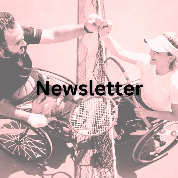 Two wheelchair tennis players celebrating with a high five near a net. Newsletter text is overlaid.