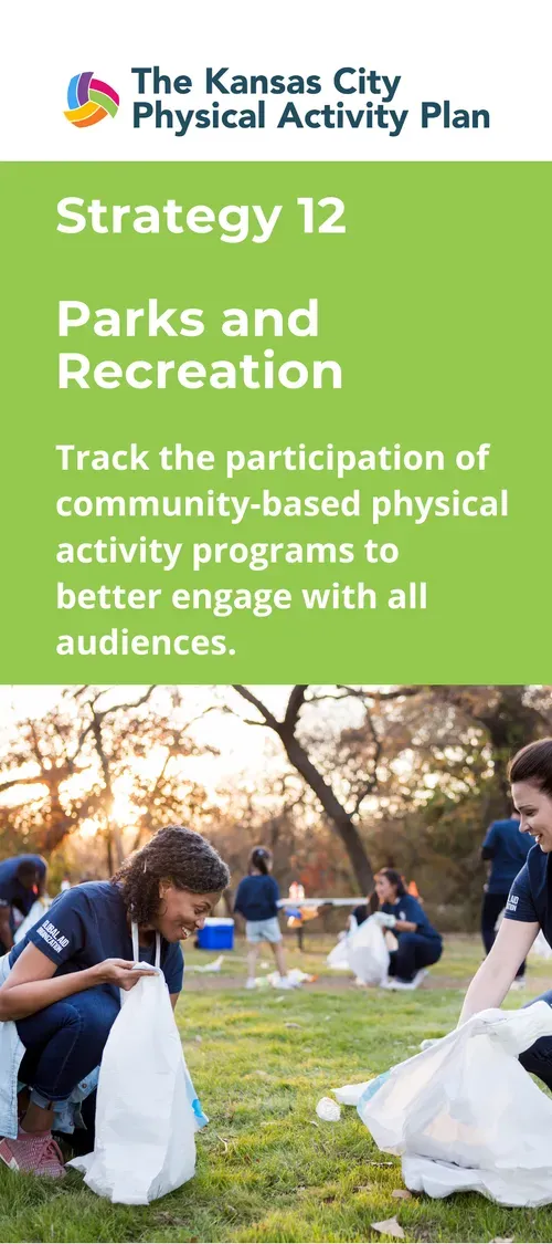 People picking up trash in a park with text about physical activity programs.