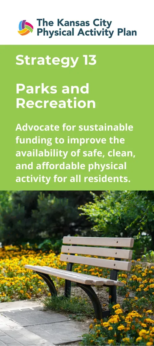 A park bench in a flower garden with text promoting park funding.