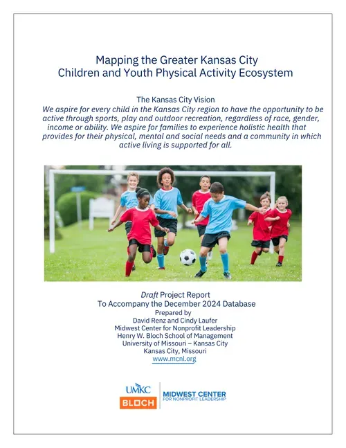 Children playing soccer on a field; report cover about children's physical activity in Kansas City.