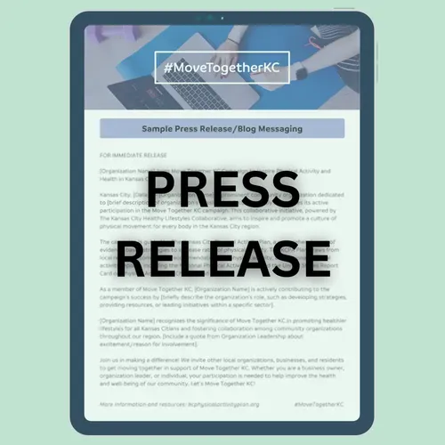 Tablet showing a press release for MoveTogetherKC, promoting healthy lifestyles in Kansas City.