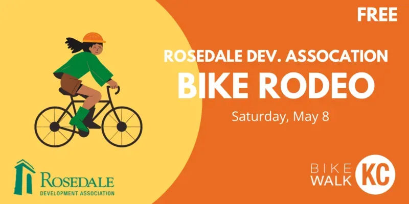 Poster for Rosedale Development Association Bike Rodeo, featuring a person biking, on an orange and yellow background.