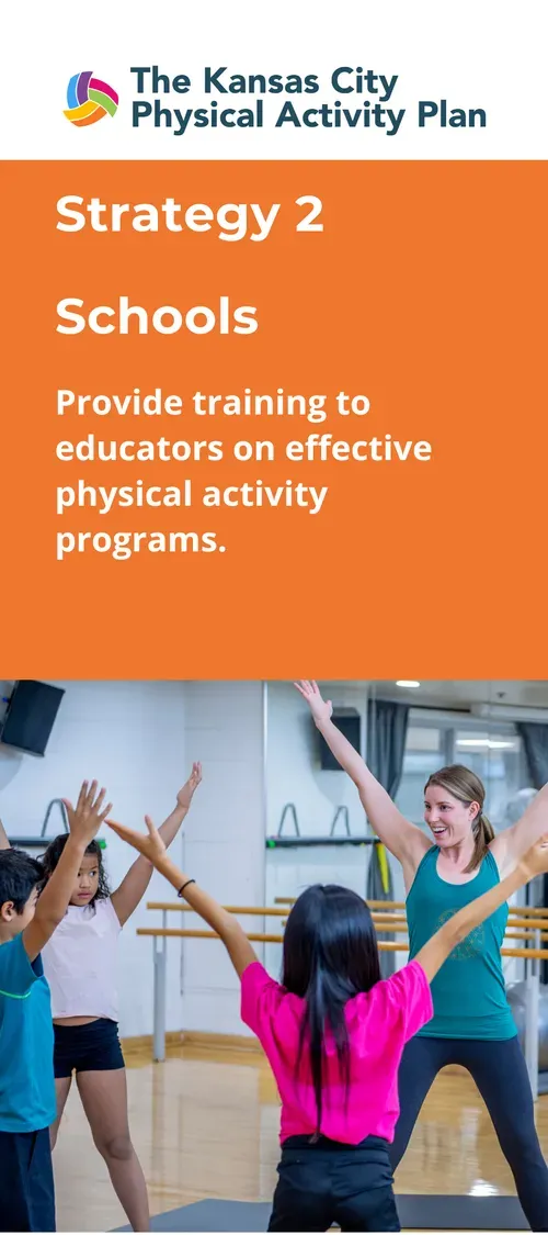 Students and teacher in a school gym stretching arms up. Orange background with text.