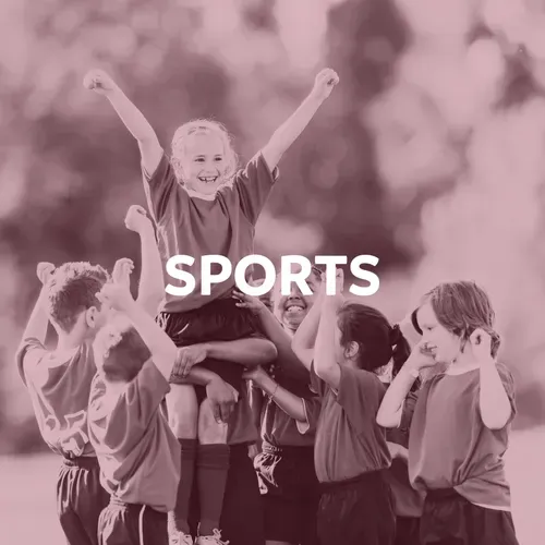 Children celebrating a sports victory: one lifted in air, arms raised.