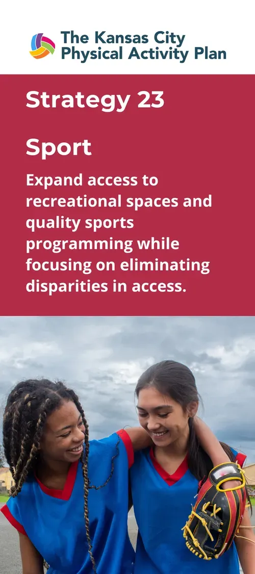 Two smiling girls in blue sports jerseys, one with a glove, text about sports access.
