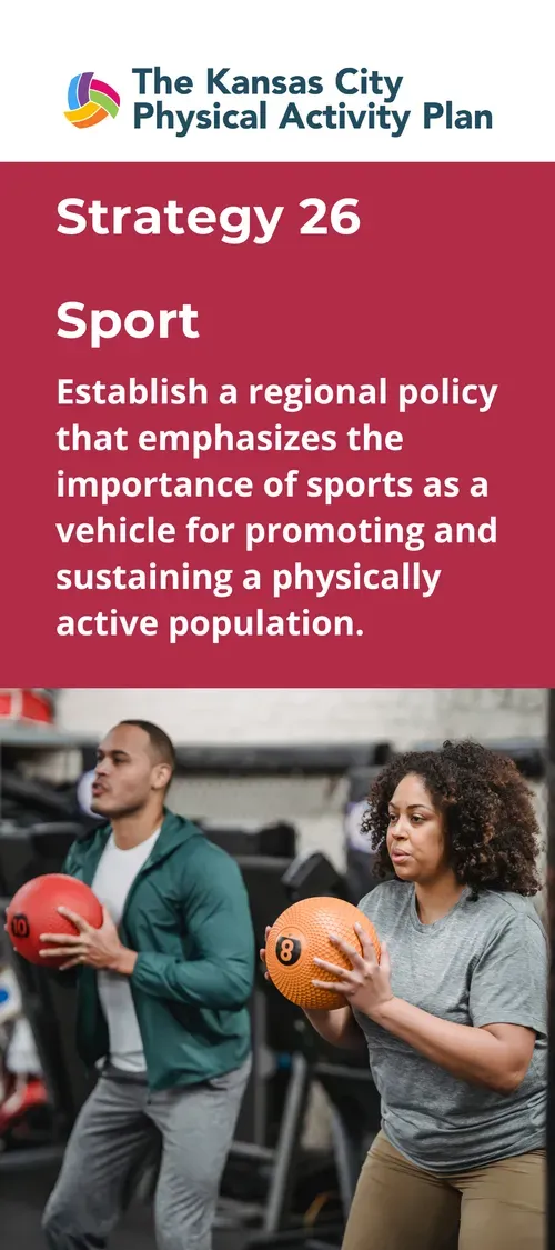 Man and woman in gym holding medicine balls, text on sports policy.