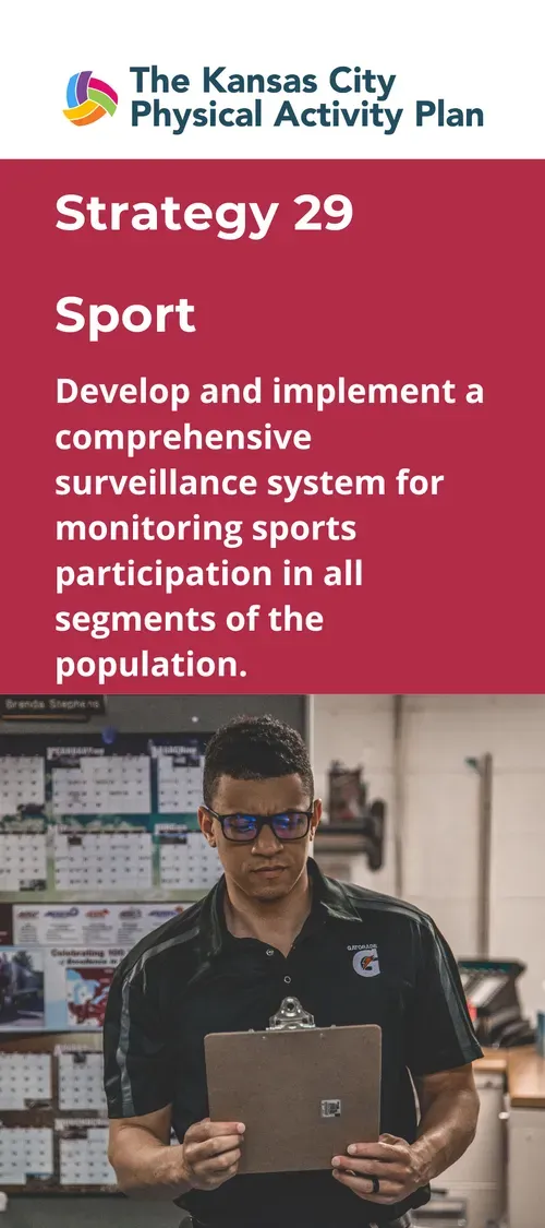 Man in glasses holds clipboard, Kansas City Physical Activity Plan text overlay: Strategy 29, Sport.
