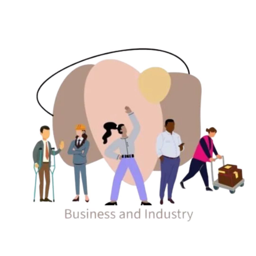 Diverse group of professionals; business and industry concept. Includes worker with cart, man on crutches, and more.