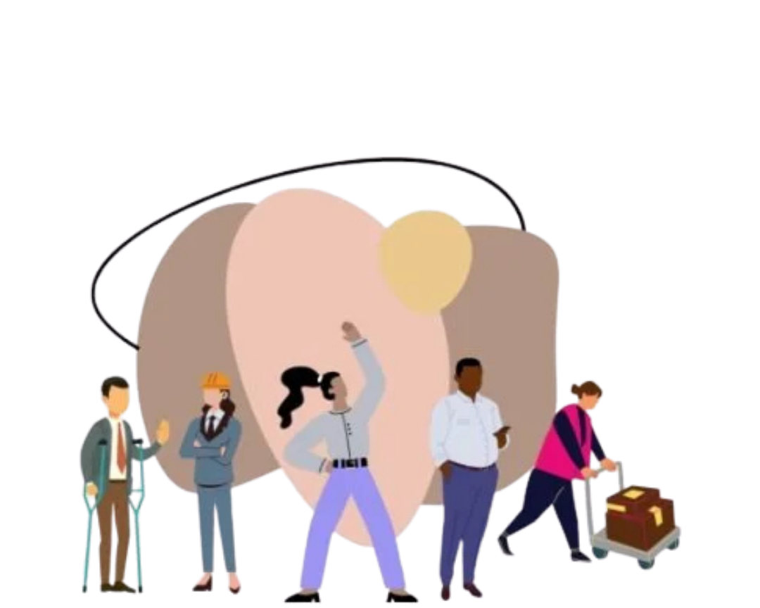 People with diverse abilities and appearance stand in front of abstract shapes.