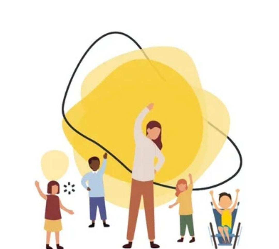 Group of children and an adult exercising, yellow background.