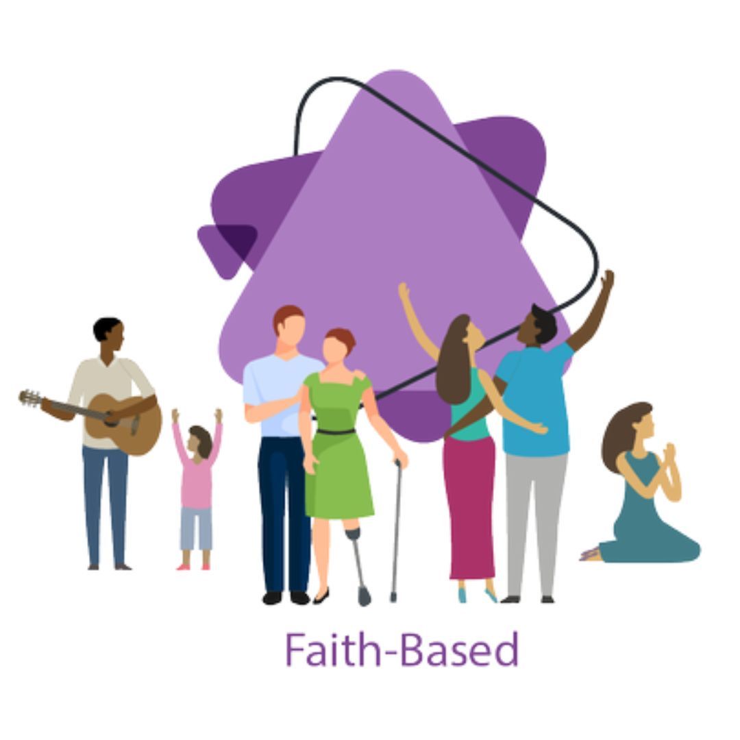 Group of diverse people; some with disabilities, in a faith-based setting, with a guitarist, and people in prayer.