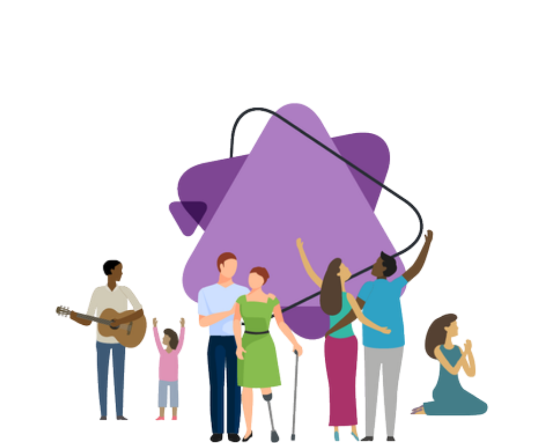 Group of people with varied abilities, musical instruments, and a large abstract shape.