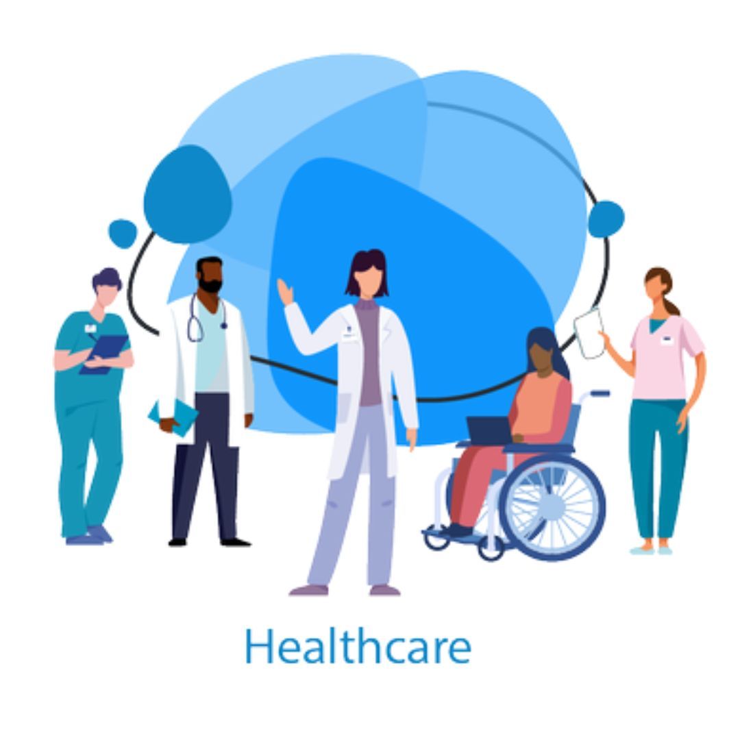 Medical professionals, a patient in a wheelchair, and a digital network, representing healthcare.
