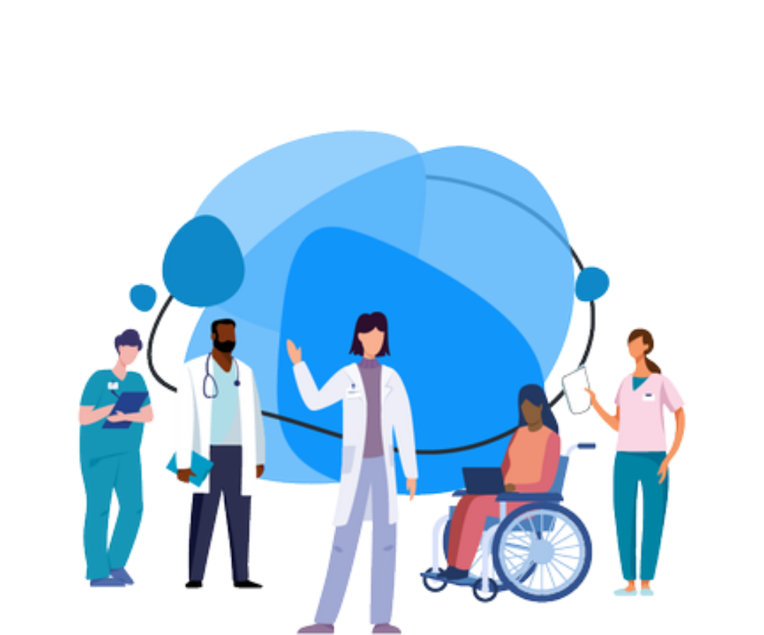 Medical professionals and a person in a wheelchair in front of a blue globe shape.