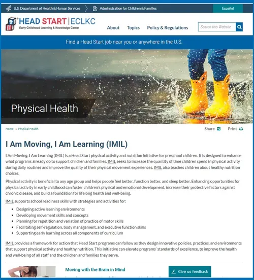 Head Start website page about Physical Health, 