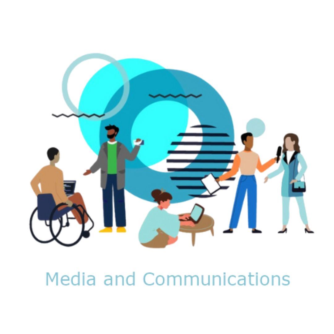 People working with laptops and phones, against blue shapes, text