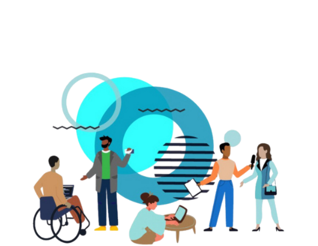 Group of people collaborating with laptops, a person in a wheelchair, and circular blue shapes.