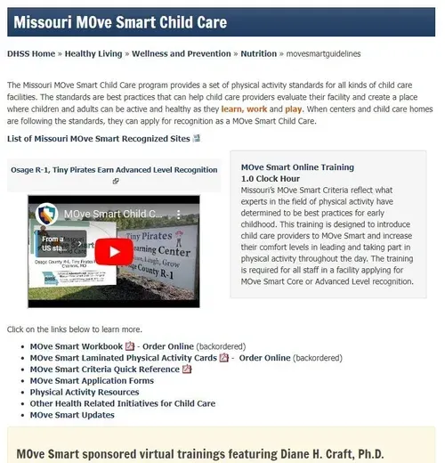 Webpage about Missouri Move Smart Child Care. Features a video, training information, and links.