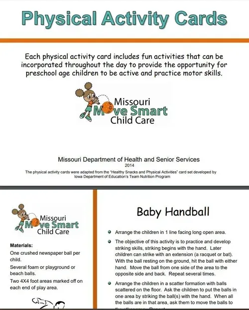 Physical activity cards for preschool. Includes: baby handball with kids playing in a line.