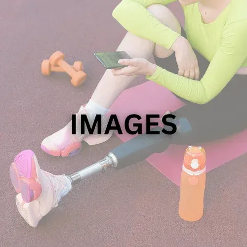 Person sitting on a mat with a prosthetic leg, holding a phone, with weights and a water bottle nearby.
