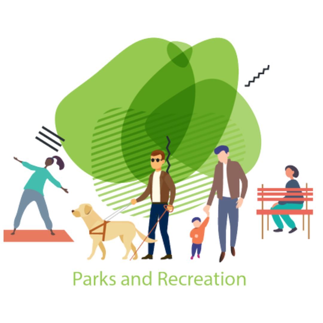 People enjoying a park: doing yoga, walking with guide dog, holding child's hand, and sitting on a bench. Green abstract background.