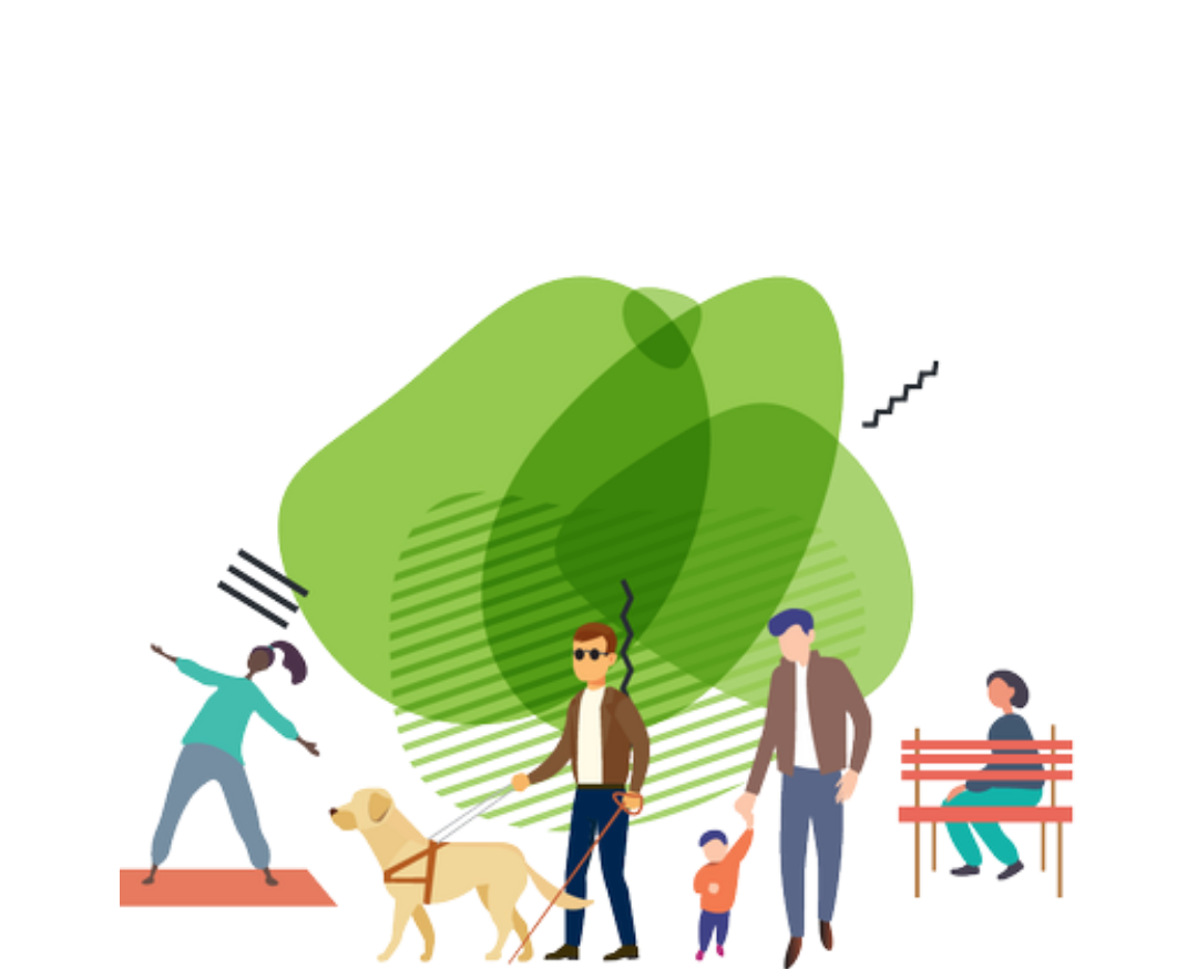 People in a park: yoga, guide dog with blind person, father and child walking, person on bench, green shapes.