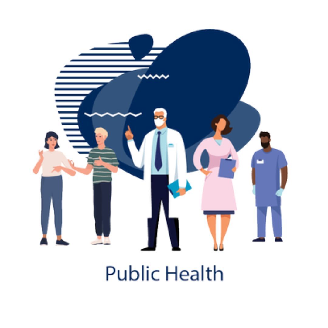 Illustration of public health team and patients. A doctor gestures to patients in front of a blue design.