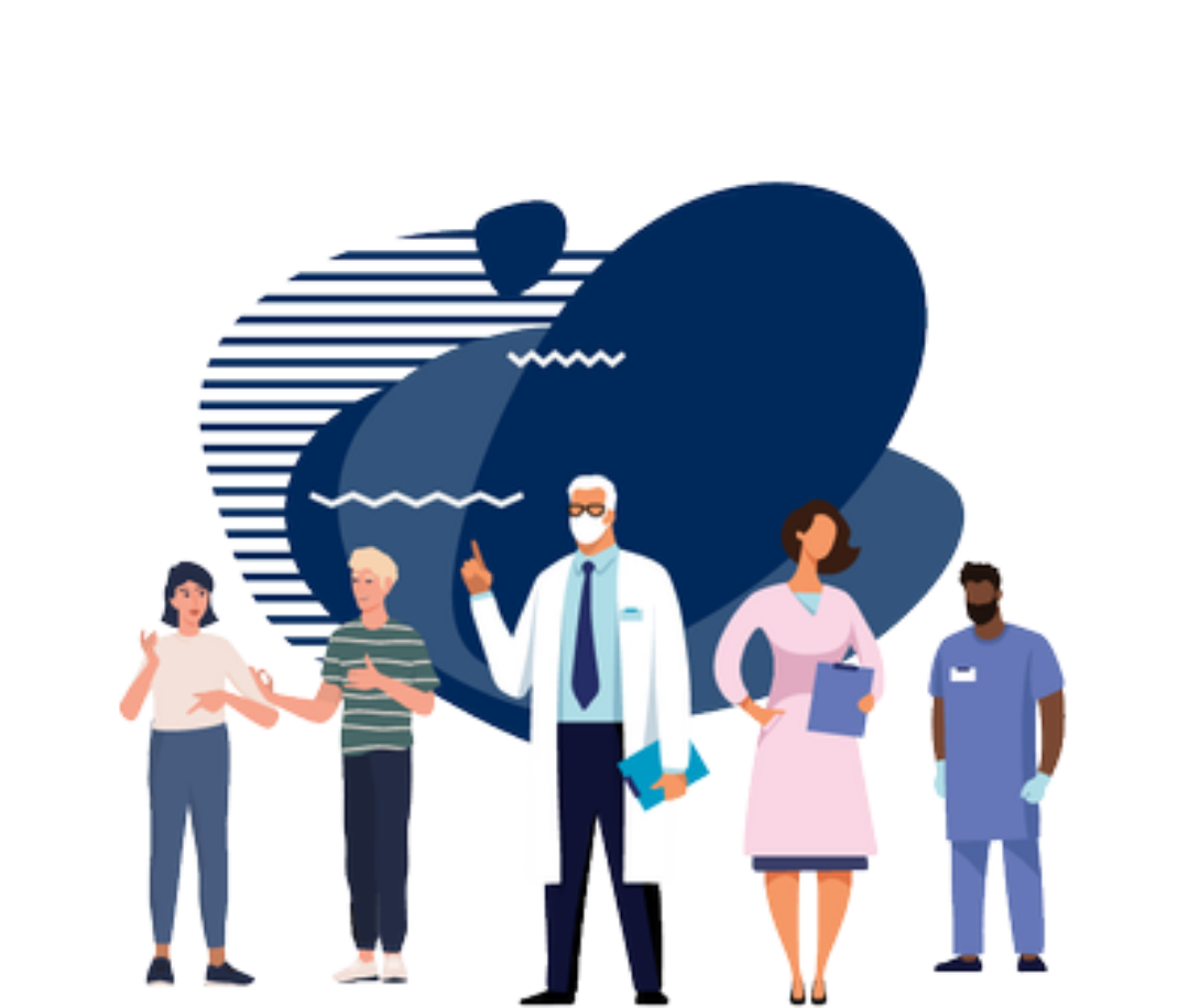 Medical team with patients, dark blue abstract background.