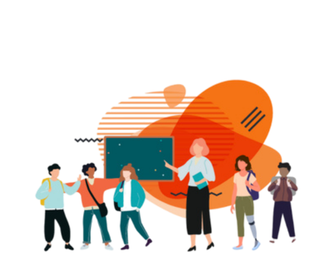 Teacher at blackboard with students; orange and teal background.