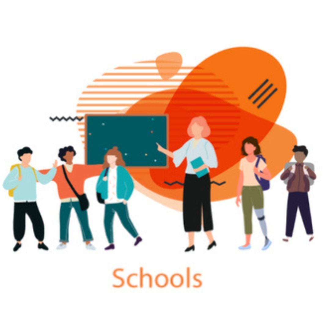 School scene with students and teacher near a chalkboard. Orange abstract shapes in the background.