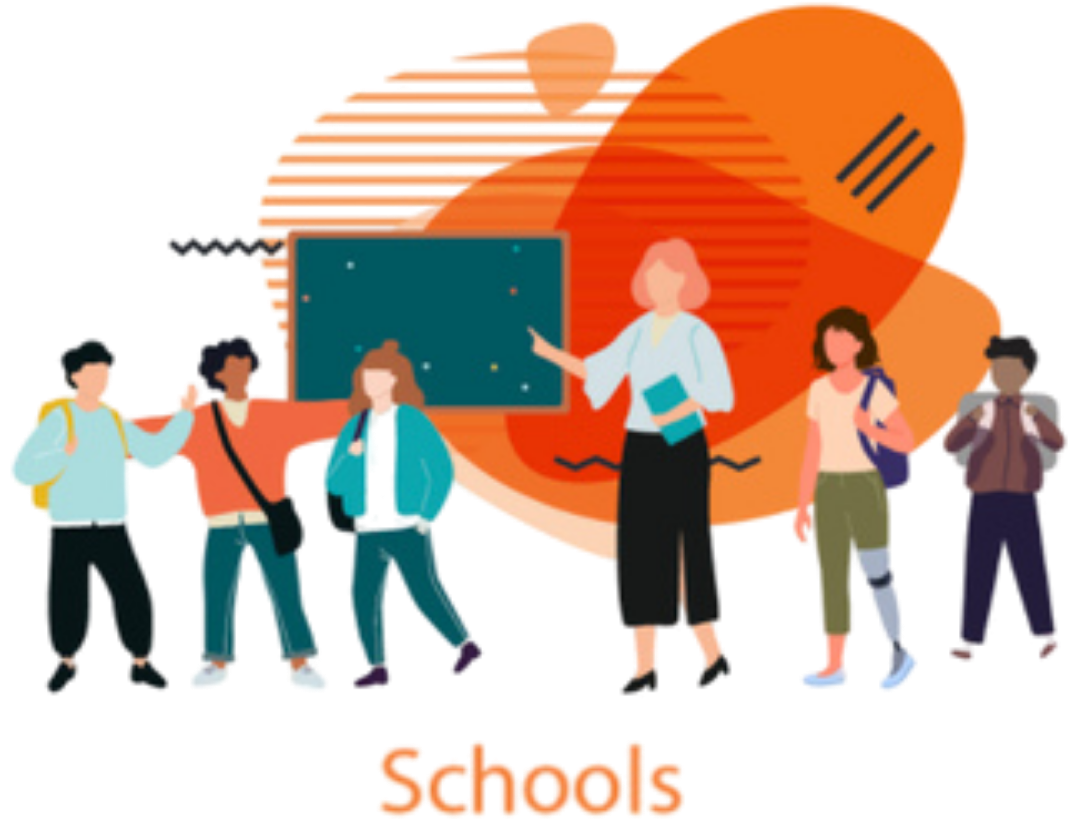 Teacher points to chalkboard; students with backpacks stand in a classroom setting. Orange background.