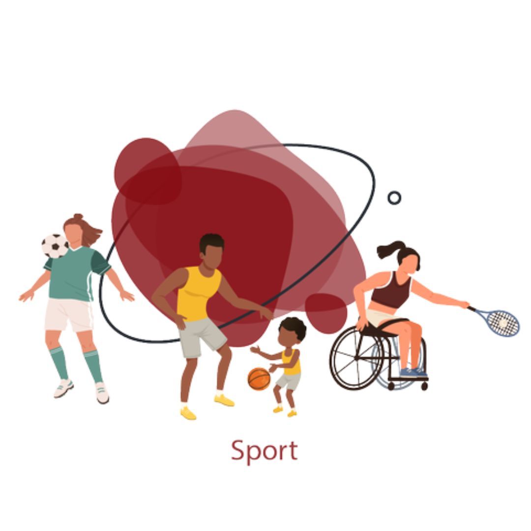 People playing sports: soccer, basketball, wheelchair tennis. Maroon shapes in the background.