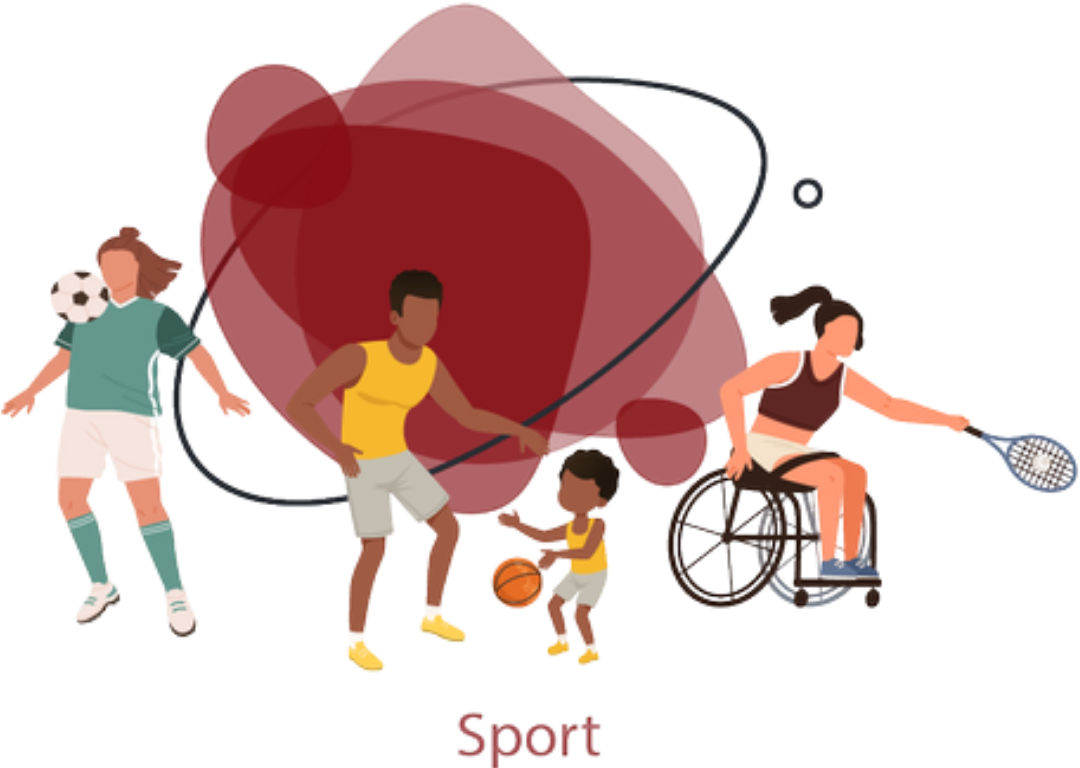 People playing sports: soccer, basketball, wheelchair tennis. Maroon shapes in background.