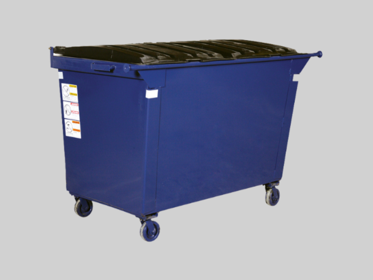 Blue dumpster with a black lid and four wheels.