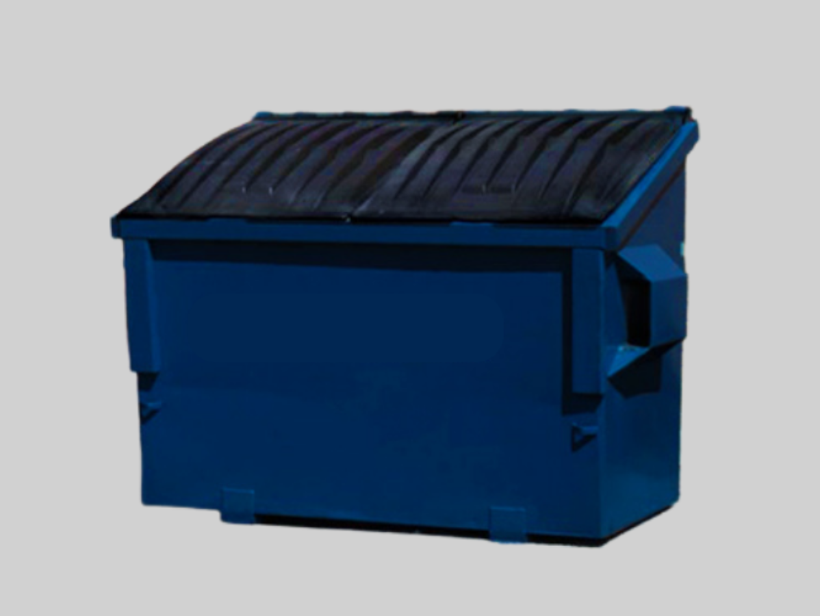 Blue dumpster with black lid, sitting outdoors.