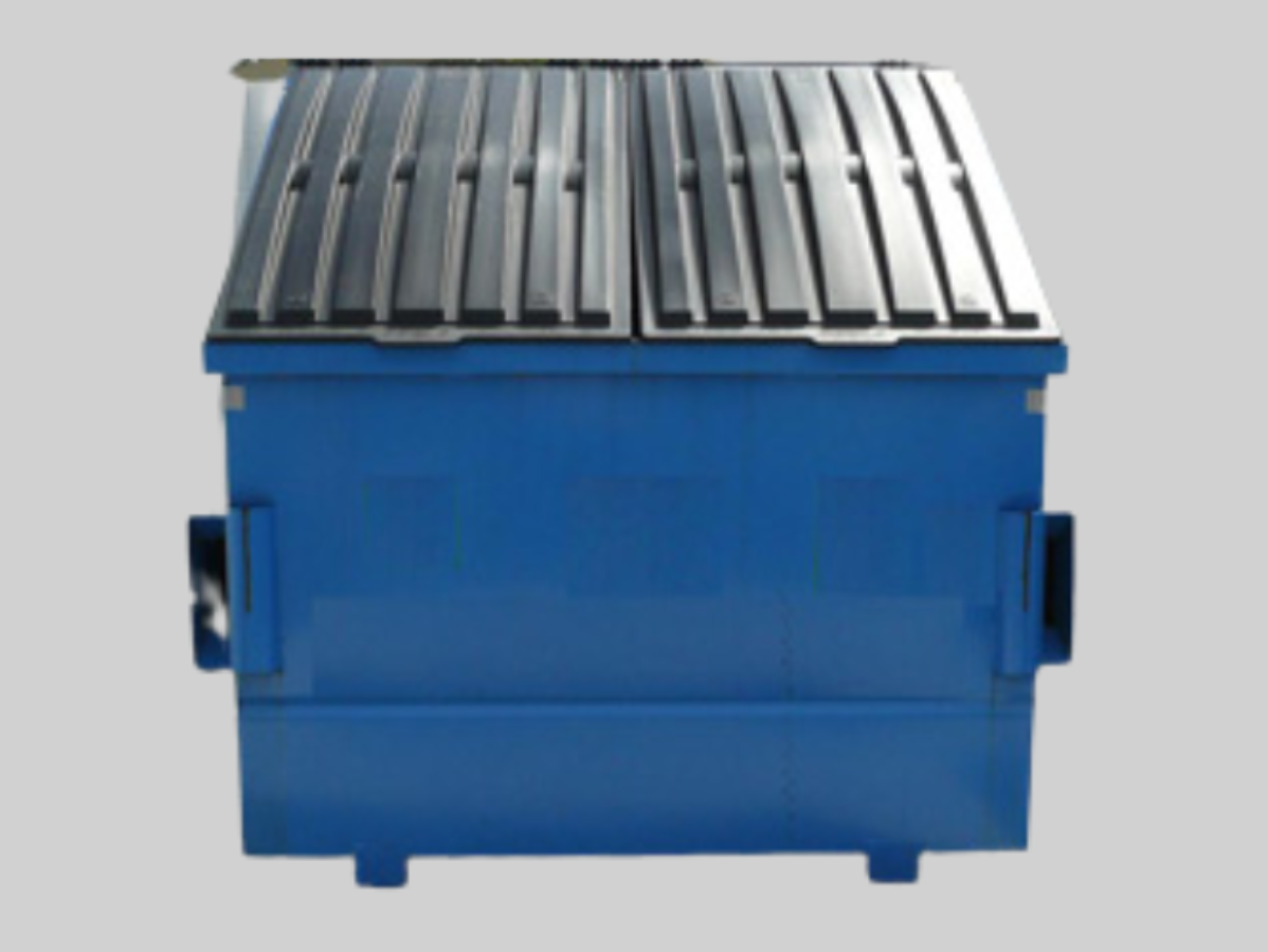 Blue dumpster with black lid in an outdoor setting.
