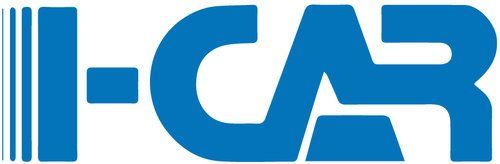 A blue and white logo for i-car on a white background.