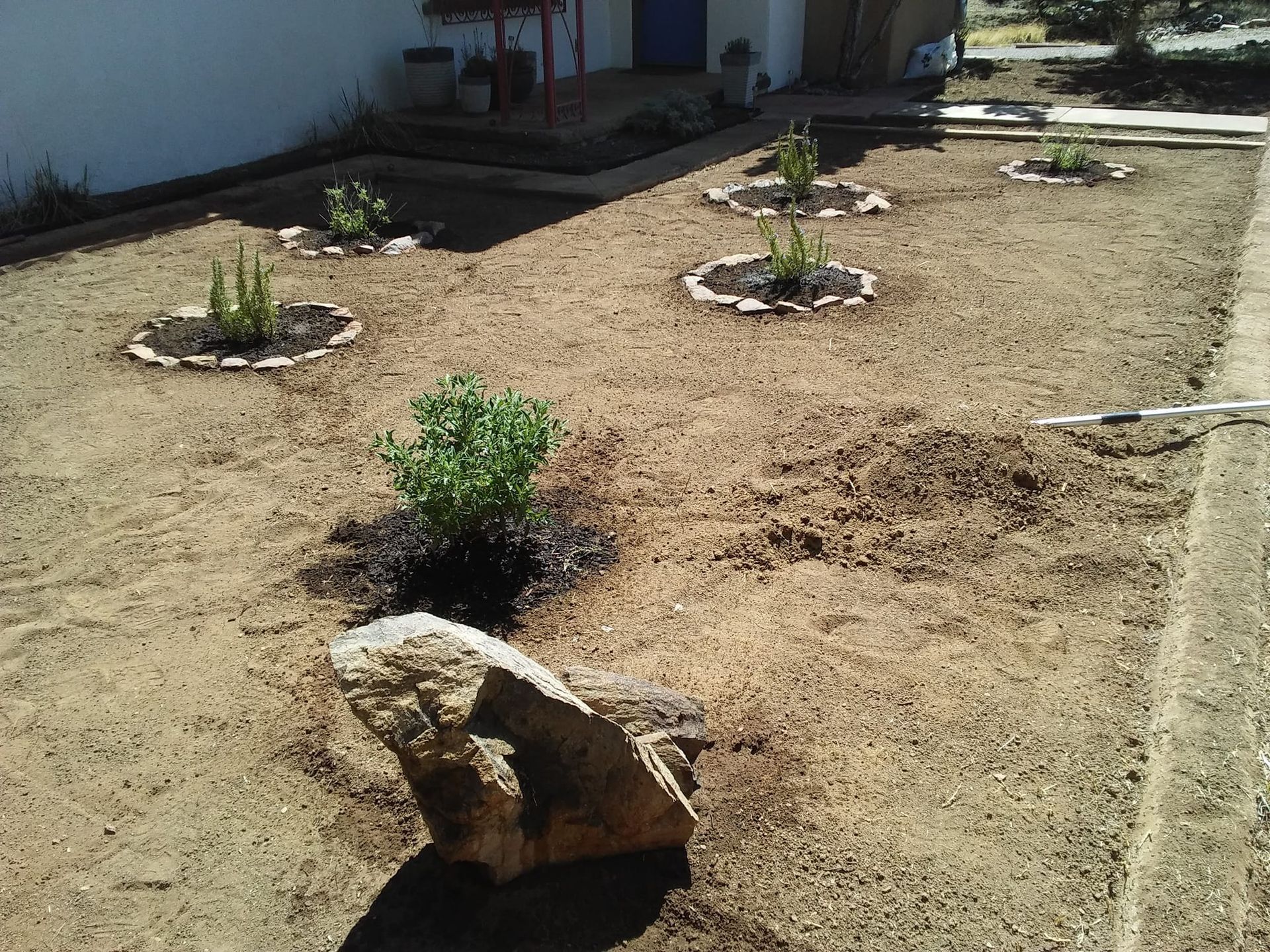 A garden with a rock in the middle of it