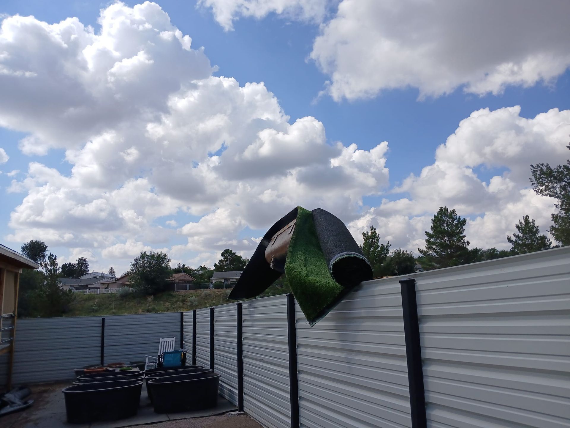 A piece of grass is laying on top of a metal fence
