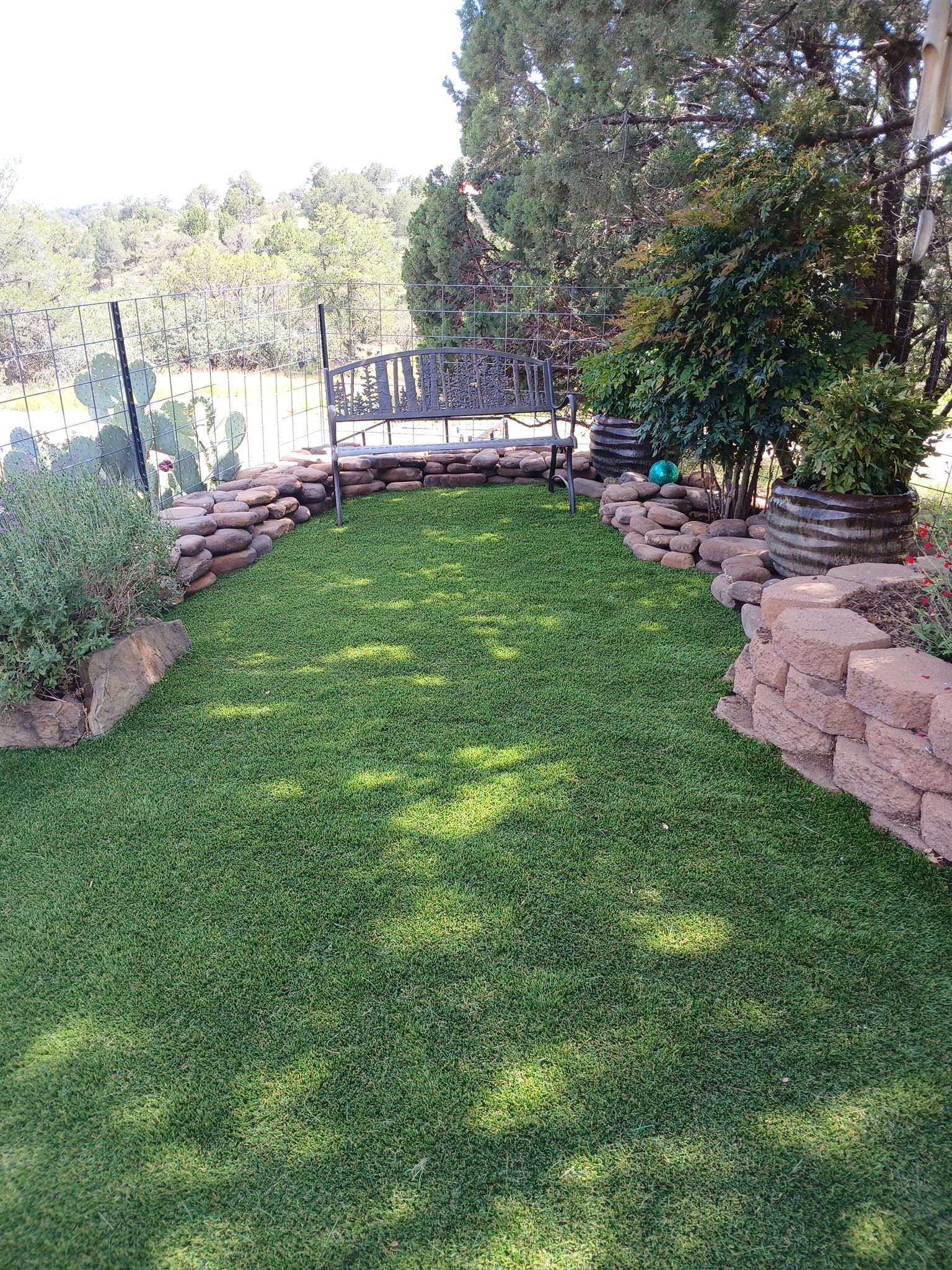 A lush green lawn with a stone wall and a bench in the background.