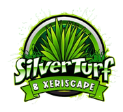 A logo for silver turf and xeriscape with a green ribbon